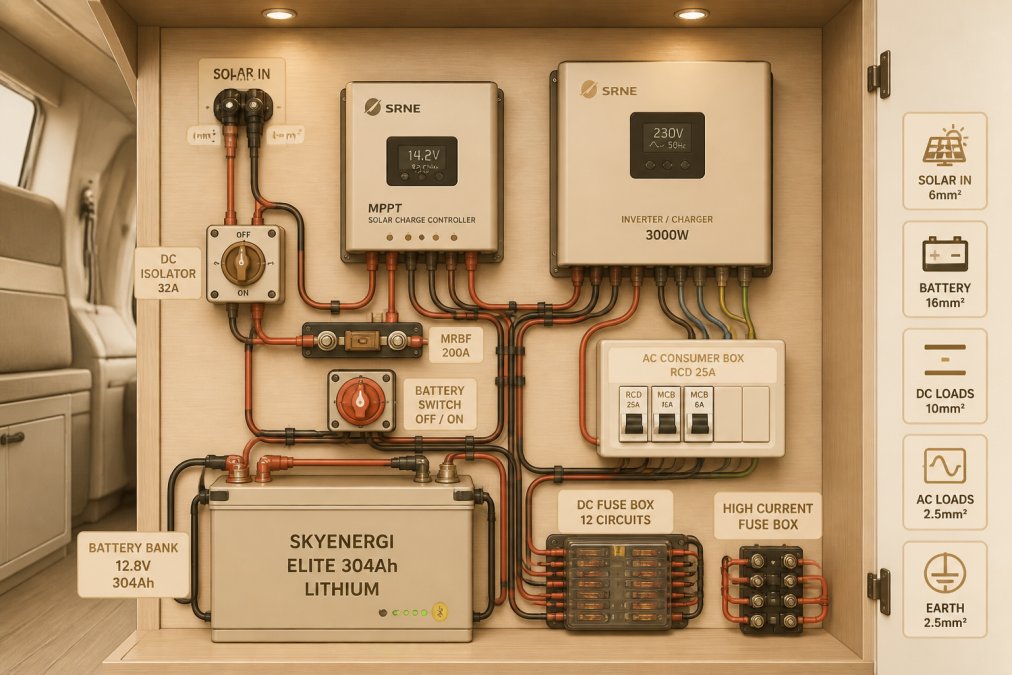 A neatly organised campervan electrical cabinet showing a lithium battery bank, MPPT charge controller and inverter-charger mounted on a plywood board inside a van conversion, with clearly labelled cables and tidy wiring visible under workshop lighting