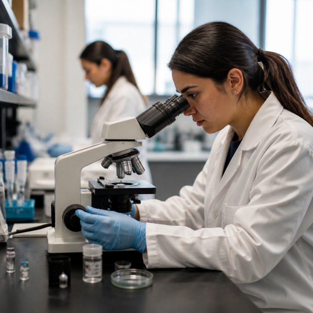 Researcher in a laboratory examining SS-31 mechanism peptide powder under a microscope in a clean facility