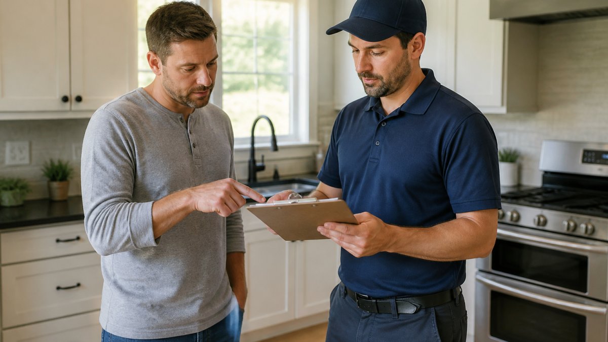 Homeowner reviewing a service estimate with a plumber in a kitchen to help with a plumbing reviews comparison.