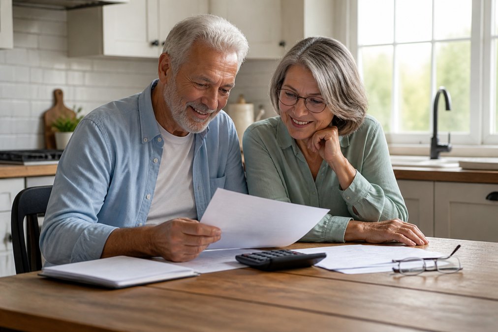 A senior couple reviewing financial documents together at a kitchen table with a calculator and reading glasses nearby, natural daylight through a window