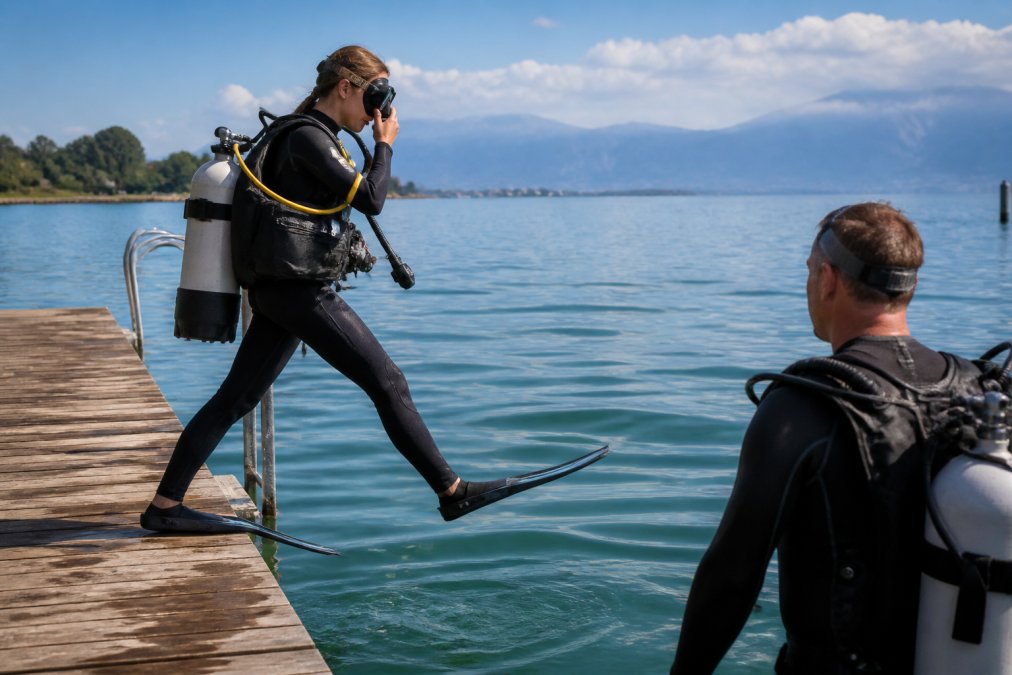 Ein Tauchschüler mit vollständiger Ausrüstung steigt am Bodensee ins klare Wasser, ein Tauchlehrer steht bereit und sichert den Einstieg