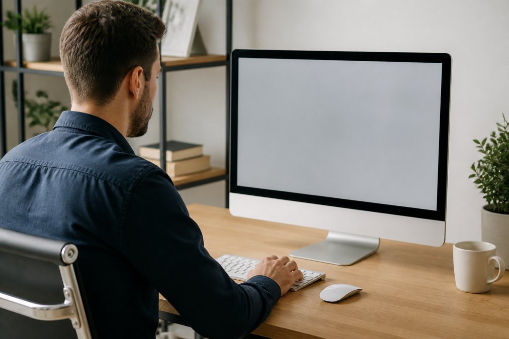 Person sitzt am Schreibtisch vor einem Monitor und konfiguriert WordPress-Einstellungen im Admin-Panel, Plesk-Kontrollpanel sichtbar mit SSL-Optionen