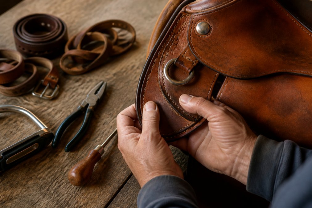 Close-up of hands inspecting leather saddle details, examining stitching patterns and hardware attachment points on aged cognac leather in natural barn light