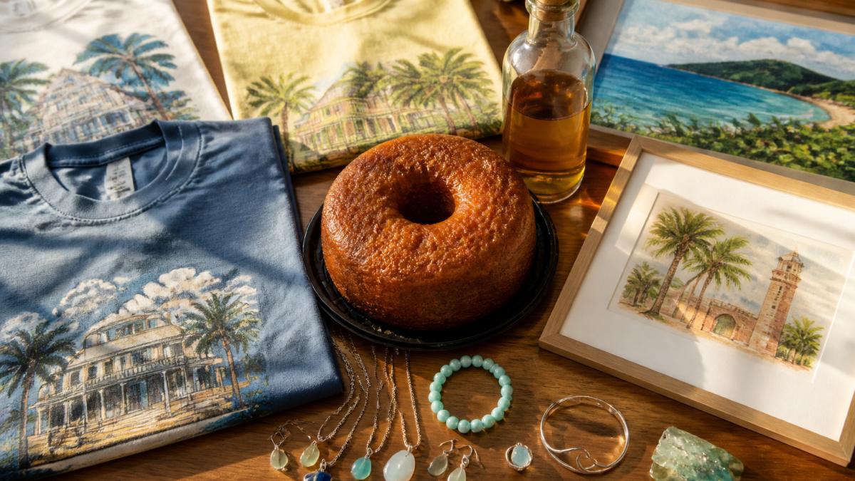 Overhead shot of handcrafted St. Croix souvenirs arranged on a wooden table: vintage island-themed apparel, a rum cake with Cruzan Rum syrup glaze, local jewelry pieces, and framed island artwork, with warm natural Caribbean light streaming across the scene