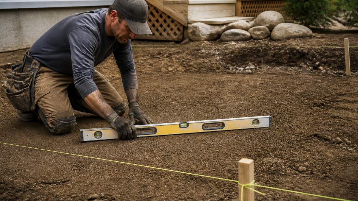 Professional contractor using a level tool on excavated ground with plots and measuring tape visible, demonstrating proper soil preparation and leveling technique for deck foundation installation