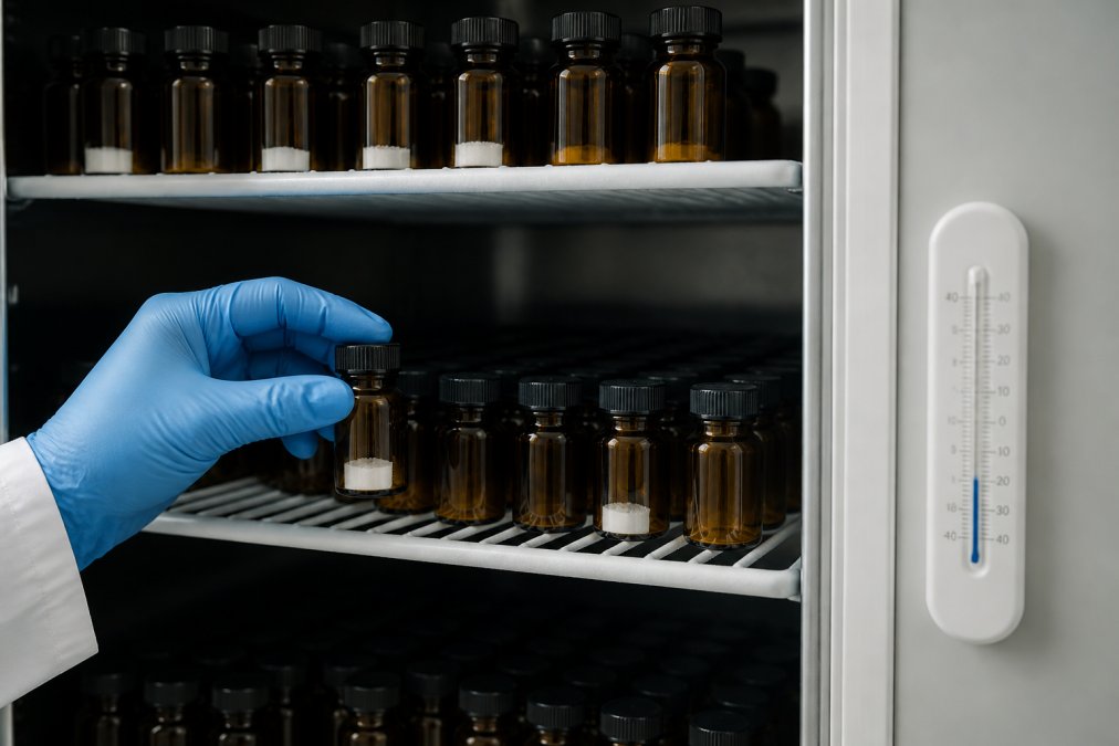 Onderzoekslaboratorium met gekoelde opslagkasten waarin peptideflessen met labels zijn opgesteld, thermometer geeft temperatuur aan, amber-gekleurde flessen zichtbaar tegen donkere achtergrond