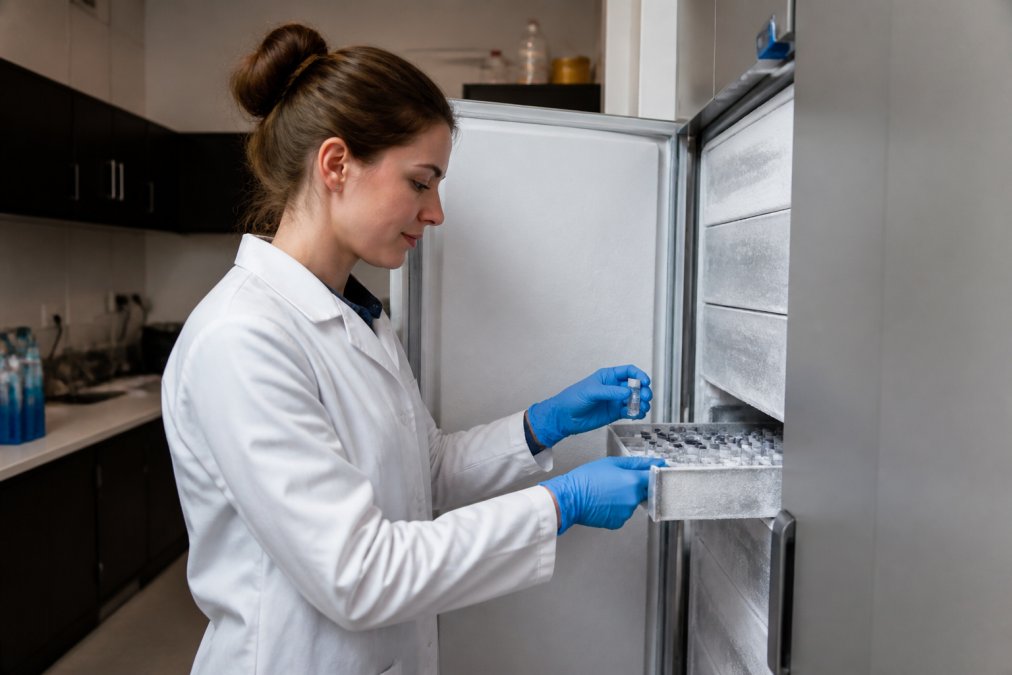 Gevriesdroogde peptiden in glazen vials bij -20°C in een laboratoriumvriezer voor optimale opslagvoorwaarden peptiden.