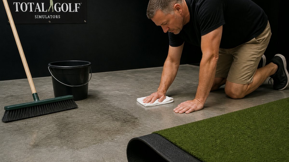 Worker cleaning a concrete floor with a broom and cloth before installing a golf hitting mat.