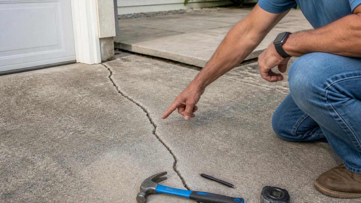 A homeowner kneeling beside a concrete driveway, pointing at a visible diagonal crack near the garage edge, with a settled patio slab in the background and hand tools resting on the ground in afternoon light