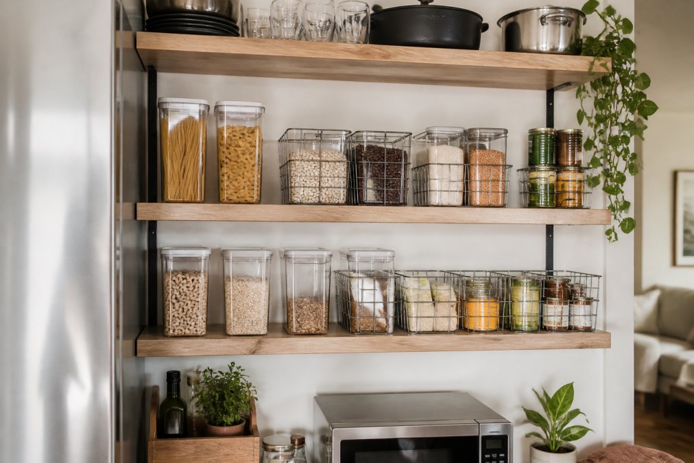 Small apartment kitchen with open shelving displaying neatly stacked clear acrylic and wire mesh stackable pantry bins filled with pasta, grains, and canned goods, organized by category with white labels