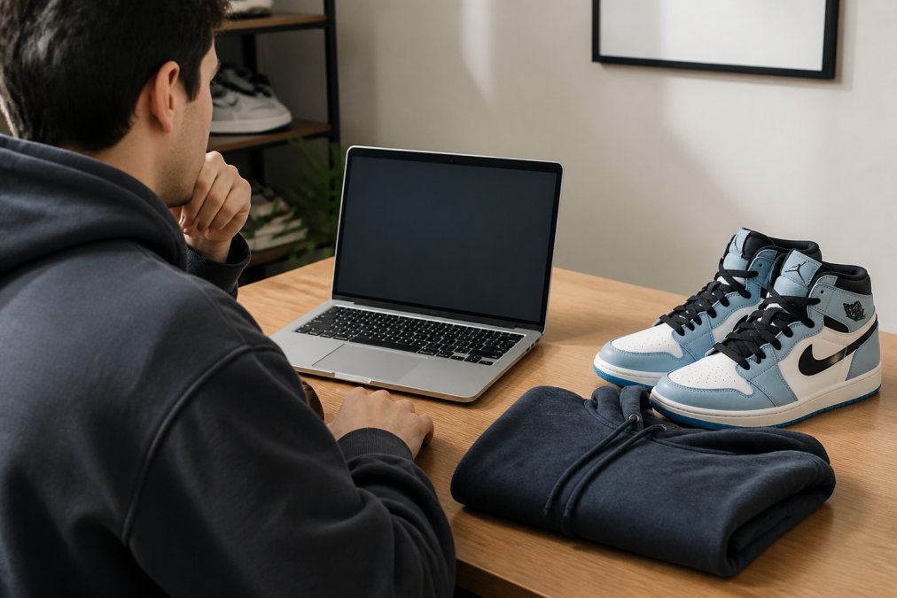 A streetwear collector at a desk comparing two resale platforms on a laptop, with a pair of rare sneakers and a folded designer hoodie nearby in a bright room