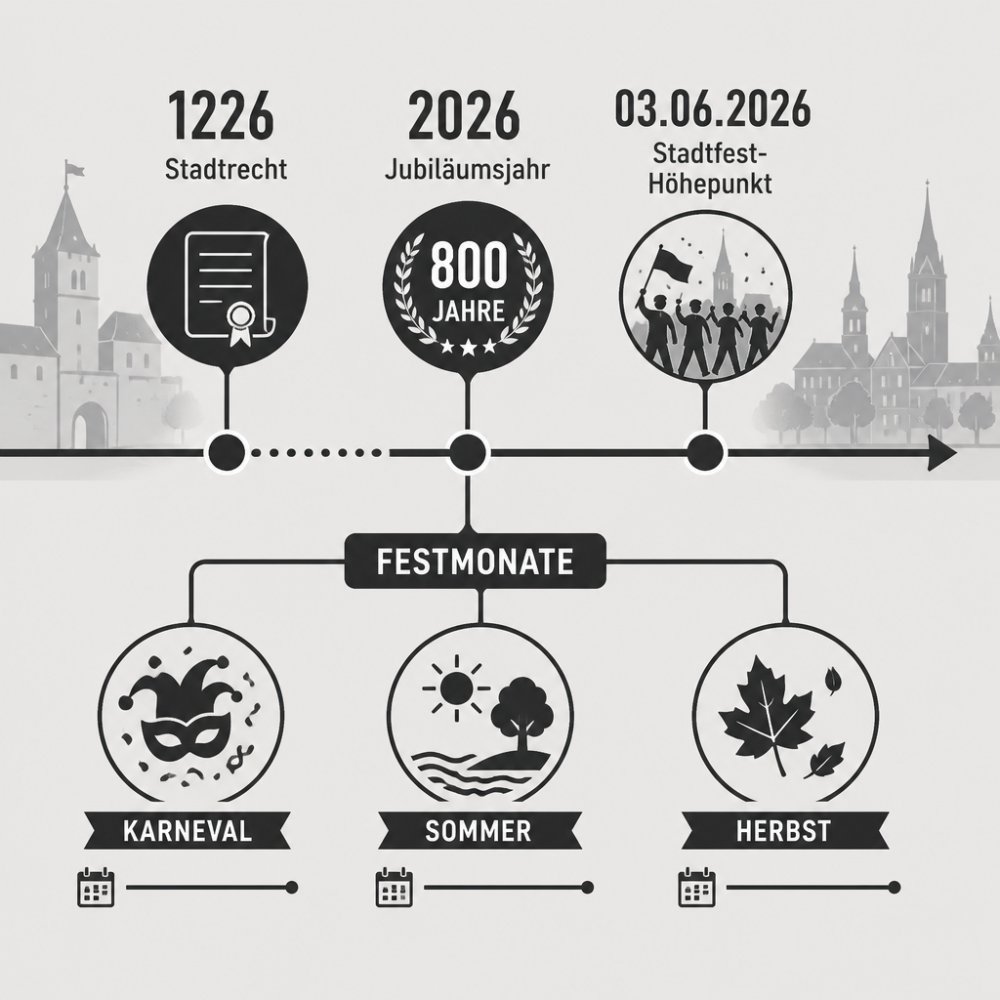 Zeitleiste mit den Stationen 1226 Stadtrecht, 2026 Jubiläumsjahr, 03.06.2026 Stadtfest-Höhepunkt sowie den Festmonaten Karneval, Sommer und Herbst