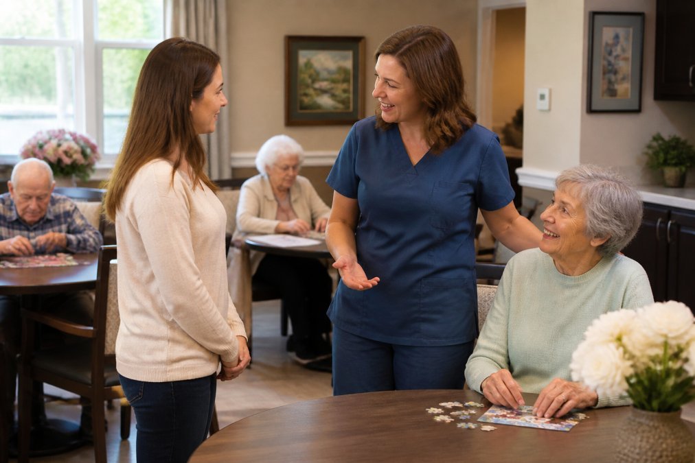 Adult daughter speaking with a compassionate caregiver in a bright memory care common area while residents engage in activities nearby, observing staff interactions and resident engagement