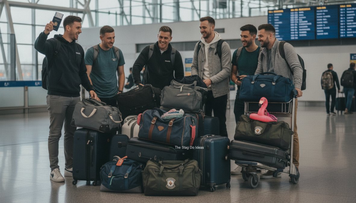 Diverse group of groomsmen boarding a coach with luggage, smiling and coordinated, natural daylight, relaxed atmosphere