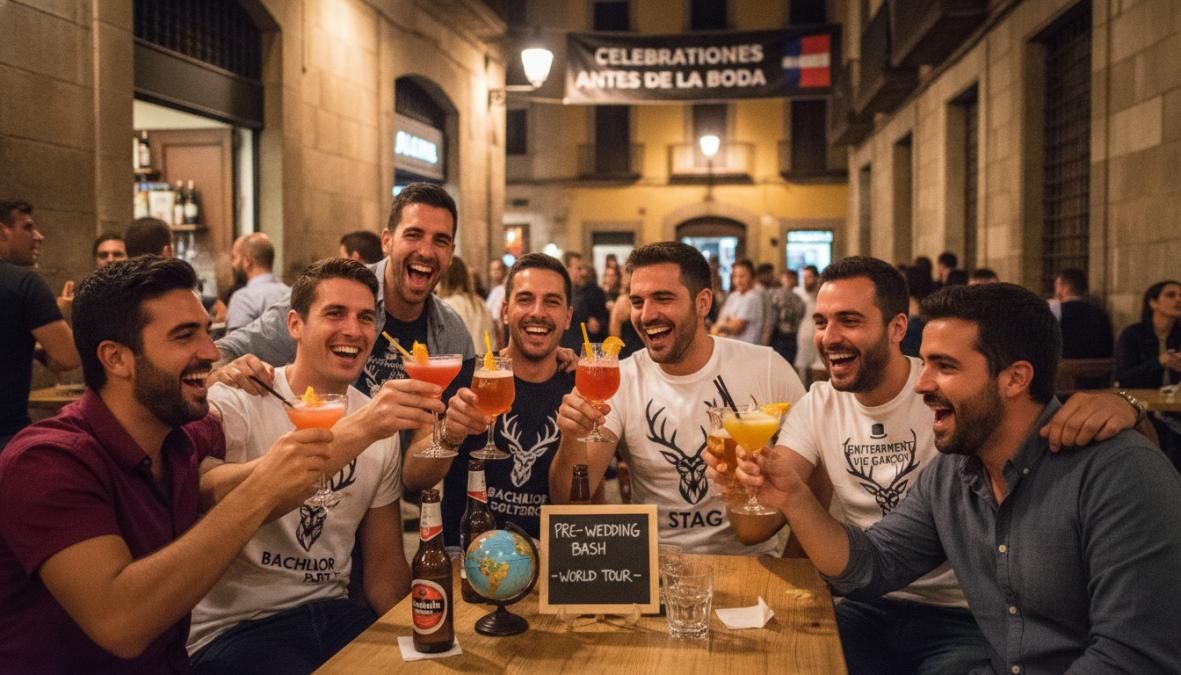 Diverse group of groomsmen celebrating together at a vibrant nightlife venue with international flags and decorations, showing the international nature of pre-wedding celebrations