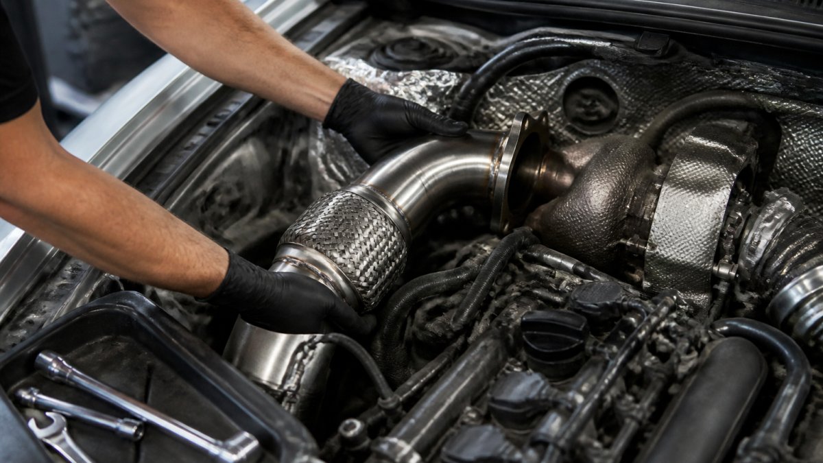 Technician installing a high-flow downpipe and exhaust system into a turbocharged engine bay using precision tools