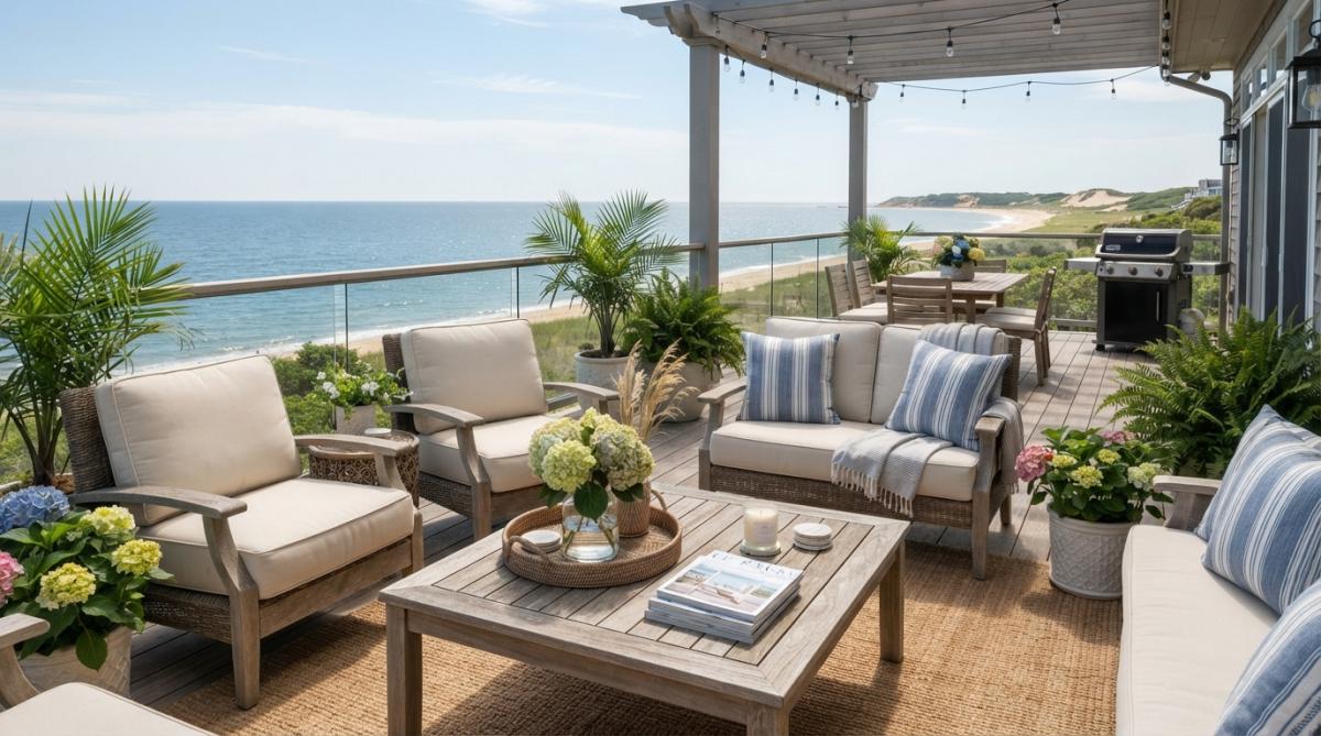 Well-staged coastal deck with comfortable seating arrangement, neutral cushions, ocean view in background, string lights strung overhead, shade structure, natural wood railing, late afternoon golden hour lighting