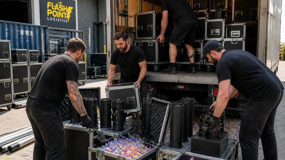 Professional crew loading confetti cannons and stage effect machines onto a truck bed, with equipment cases and shipping containers visible in the background