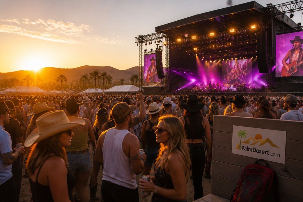 Festival attendees enjoying outdoor concert performance at sunset with desert landscape backdrop, colorful stage lighting, and large crowd gathered on festival grounds