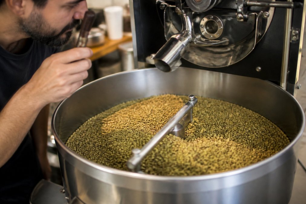 Close-up of a professional coffee roaster's drum with green coffee beans tumbling inside as they begin to shift from green to pale yellow, roaster control panel glowing in the background