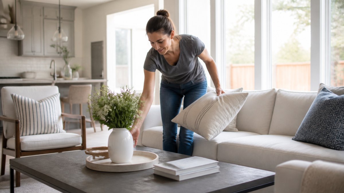 A bright, decluttered living room staged for sale with neutral tones, a vase of fresh flowers on a coffee table, and natural light streaming through clean windows