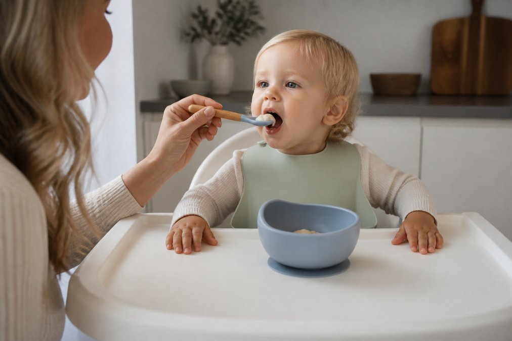 Parent feeding toddler with silicone spoon and bowl at highchair, showing easy-grip utensils and suction bowl staying firmly in place during mealtime, natural kitchen lighting