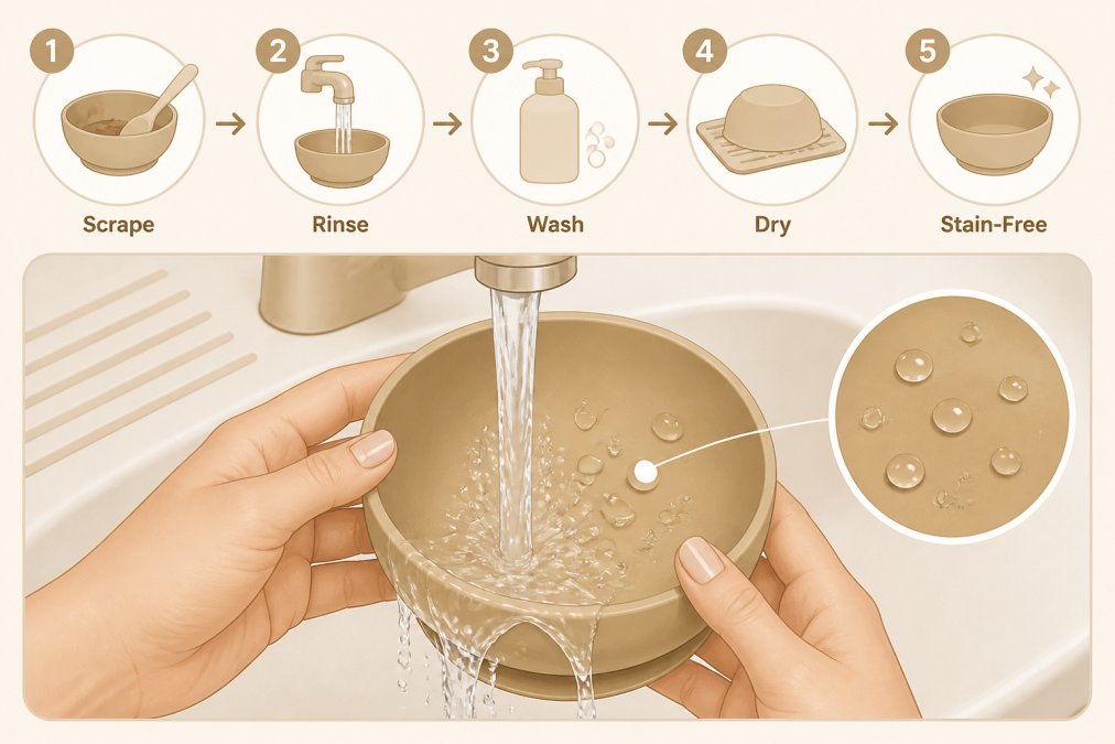 Close-up of hands rinsing colourful silicone bowl under running water, showing the smooth material and water beading off the surface, demonstrating the stain-resistant cleaning process
