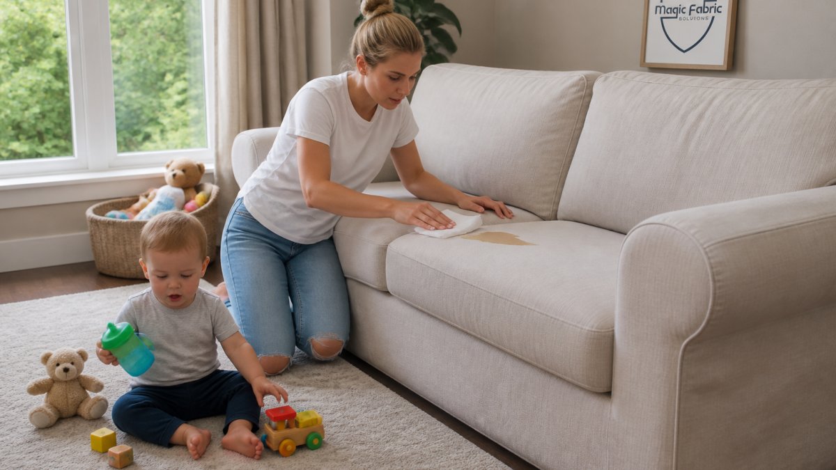 Parent wiping a spill off a light-colored sofa cover while a toddler plays nearby with a sippy cup on a rug