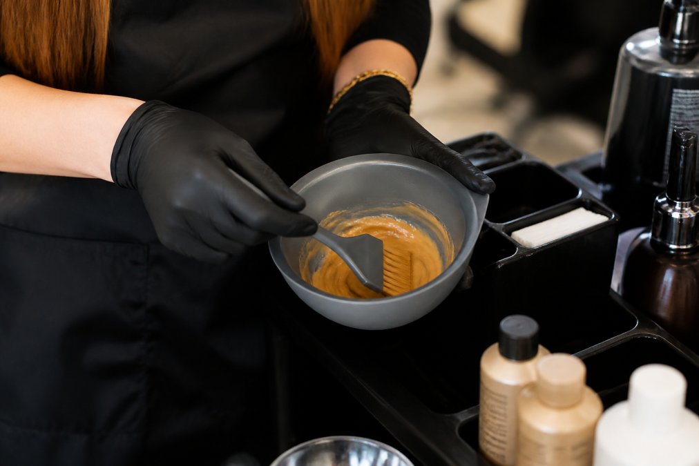 Professional colorist's hands holding a stain-resistant color bowl with a feathered brush, mixing a honey-toned hair color formula at a well-lit salon station with organized supplies
