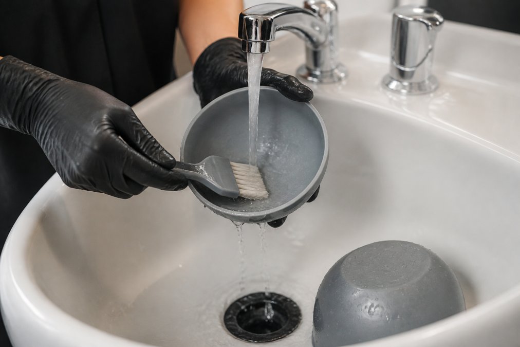 Professional colorist rinsing a stain-resistant color bowl and feathered brush under warm running water at a salon sink, demonstrating thorough cleaning technique with soap and attention to detail