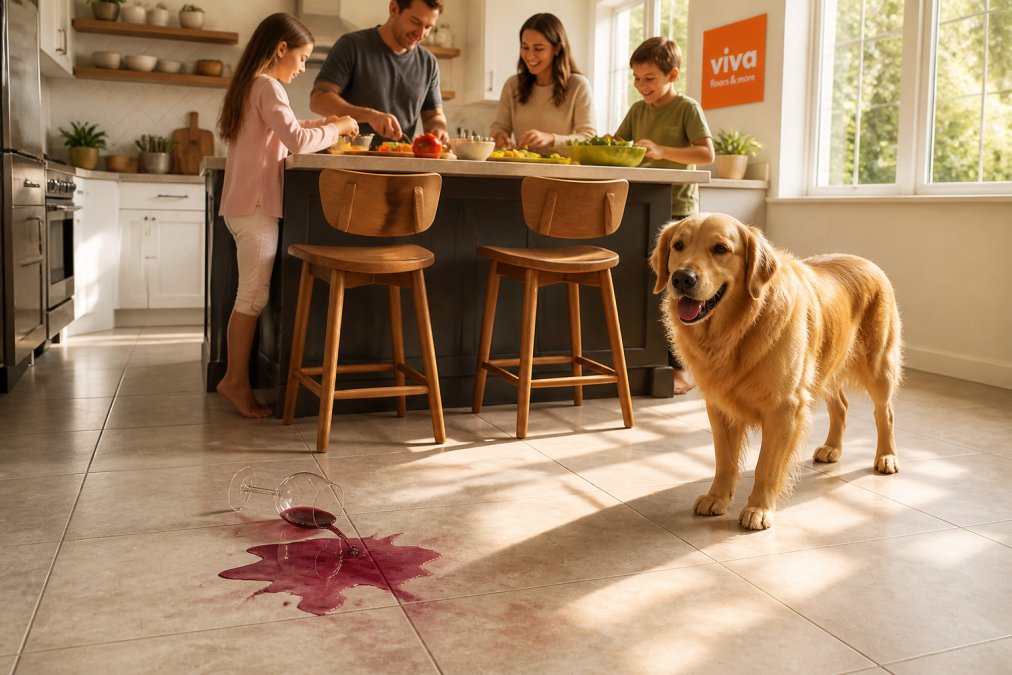 Family cooking in a bright kitchen with red wine spilled on stain resistant tile near a golden retriever