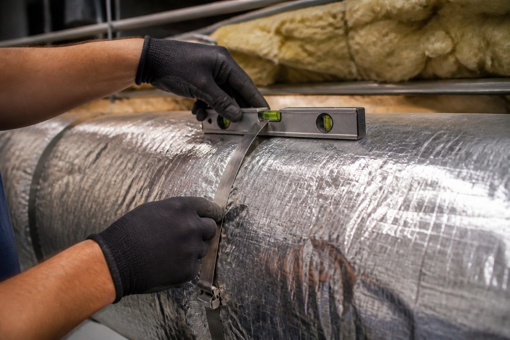 Professional technician's hands carefully positioning stainless steel banding around an insulated HVAC duct, checking alignment with a level, natural workshop lighting