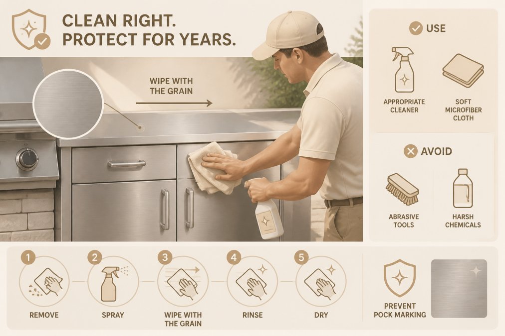 Homeowner carefully cleaning stainless steel outdoor cabinet surface with soft microfiber cloth and appropriate cleaner in natural daylight, showing proper technique and attention to grain direction