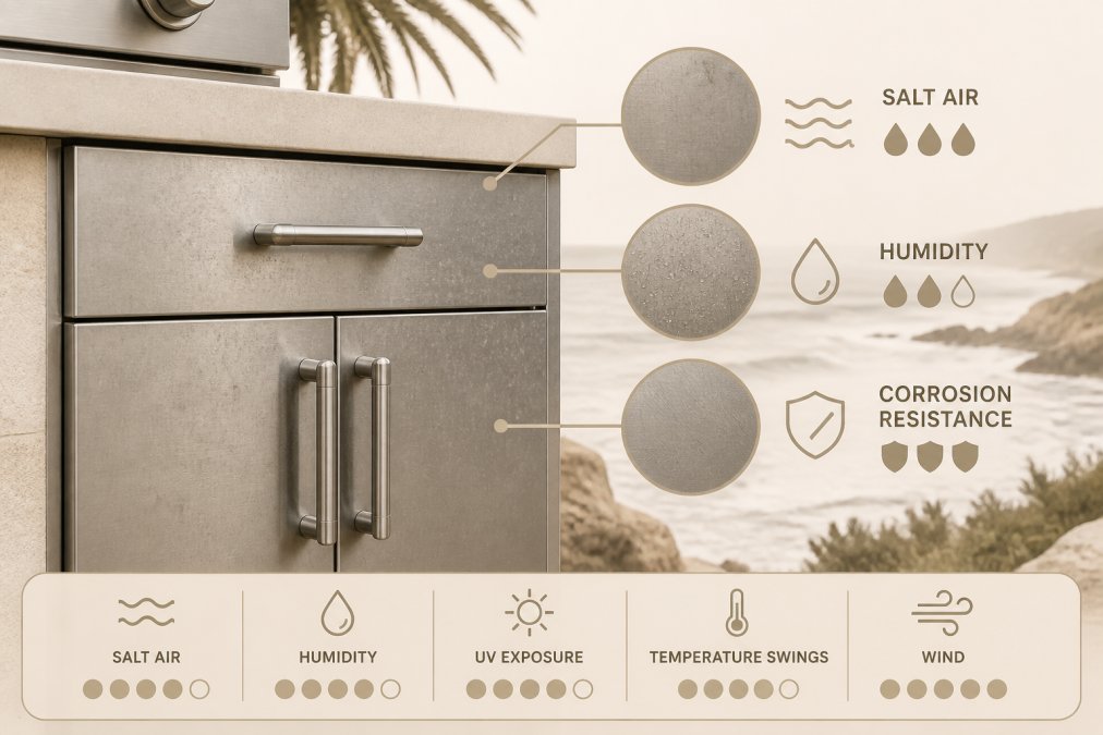 Close-up of weathered stainless steel outdoor kitchen cabinet showing subtle surface patina and finish characteristics, with ocean shoreline and coastal landscape visible in the background