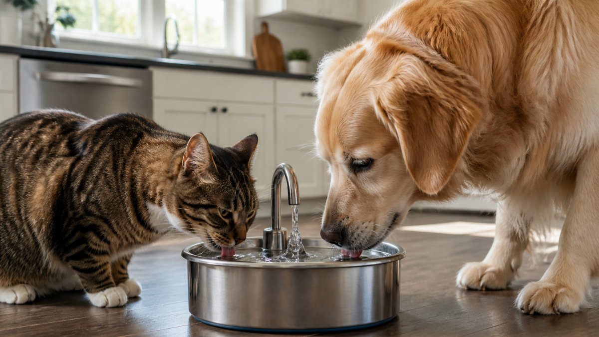 A tabby cat and golden retriever drinking side by side from a stainless steel fountain with flowing water feature in a bright, modern kitchen with natural sunlight streaming through windows