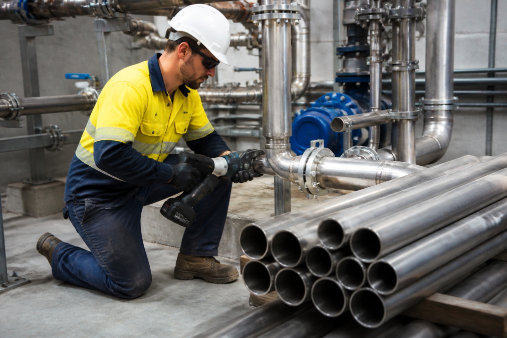 Plumber using a battery-powered press tool to crimp a metal fitting onto a pipe in a commercial plant room
