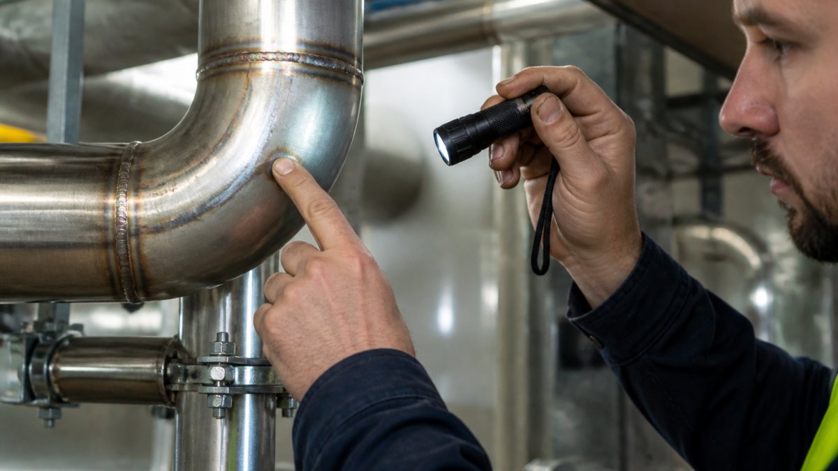 Professional plumber's hands performing close-up visual inspection of stainless steel pipe joints and welds in commercial building interior, checking for discolouration and surface damage under bright work lighting