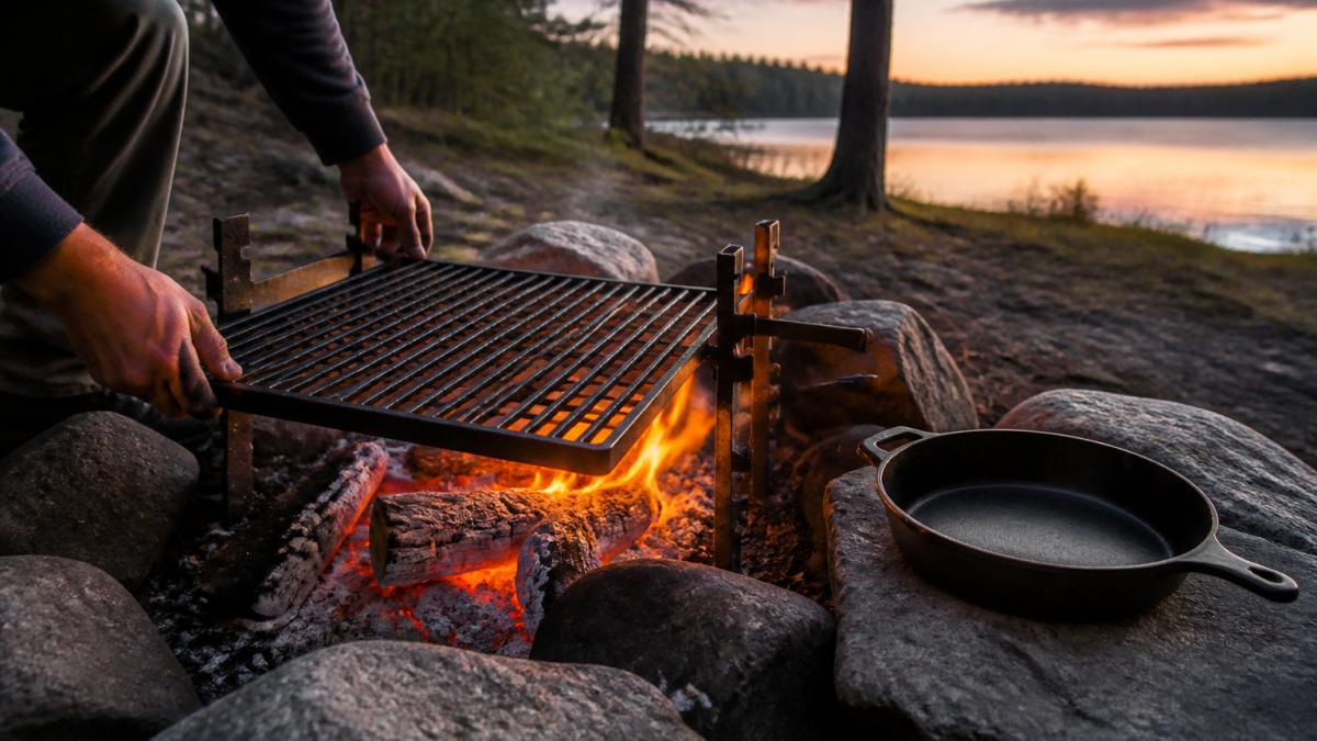 A camper's hands adjusting a carbon steel grill grate over glowing campfire coals at dusk, with a cast iron pan resting nearby on a flat rock