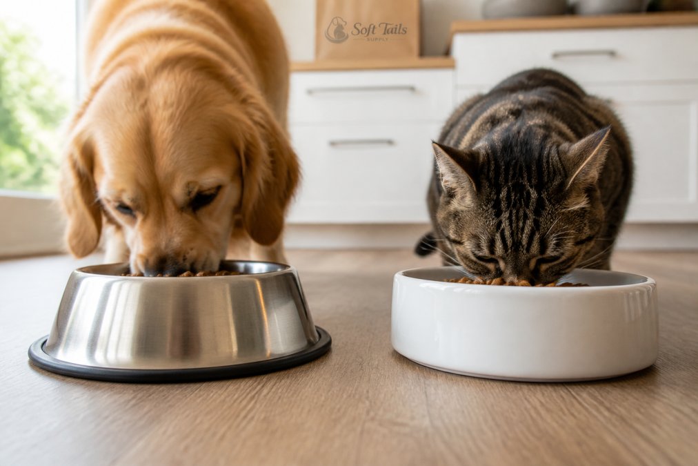 A clean, well-lit close-up of two pet bowls side by side on a kitchen floor: one polished stainless steel bowl and one glazed ceramic bowl, with a dog and cat eating from them in the background. Natural light, shallow depth of field.