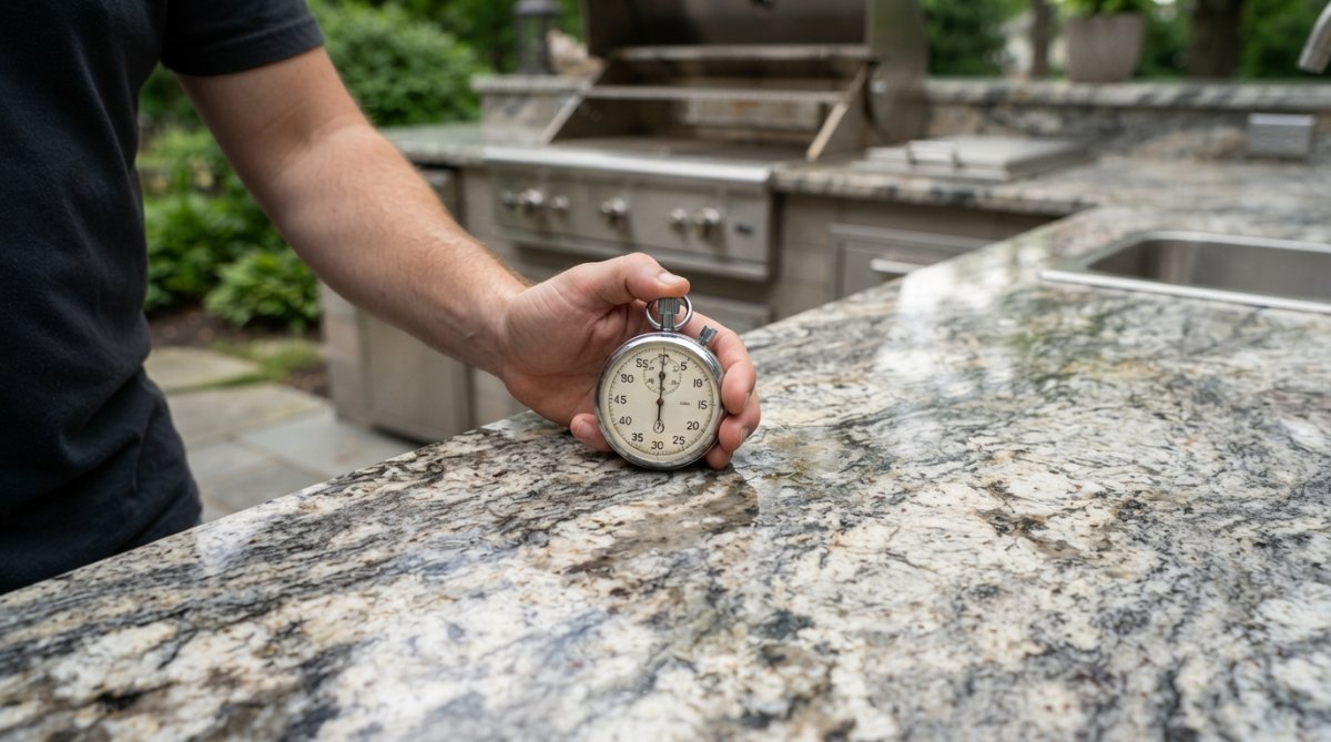 Close-up of polished black granite countertop with natural veining and white speckles, installed on an outdoor kitchen island with stainless steel grill visible in background, warm afternoon sunlight highlighting the stone's depth