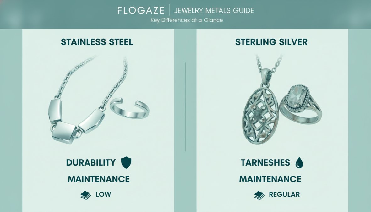 Close-up of two pieces of jewelry side by side, one stainless steel with a polished silver finish, one sterling silver with visible patina, showing the visual and textural differences between the metals in natural light