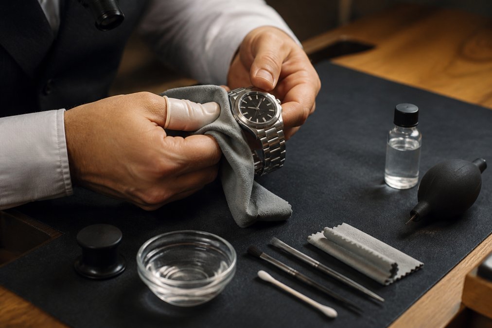 Professional demonstrating stainless steel watch care with hands gently handling a luxury timepiece over a soft microfiber cloth in natural lighting