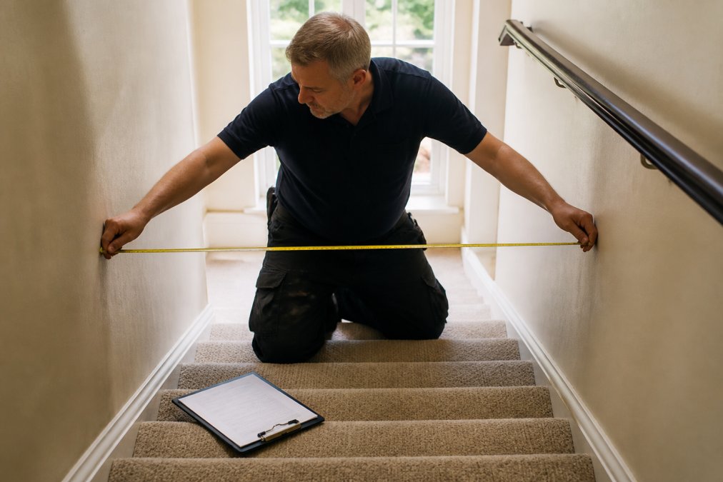 A stairlift installer kneeling on a narrow indoor staircase, extending a tape measure from the wall to the opposite handrail, with a clipboard resting on a lower step and soft daylight coming from a window above