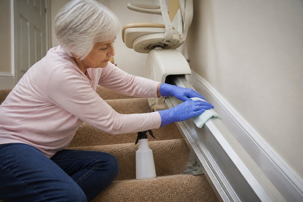 Senior adult cleaning a metal stairlift rail as part of routine stairlift maintenance at home