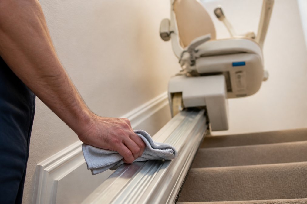 Close-up of a hand using a lint-free cloth to wipe the stairlift rail track, with the carriage and swivel seat softly blurred in the background