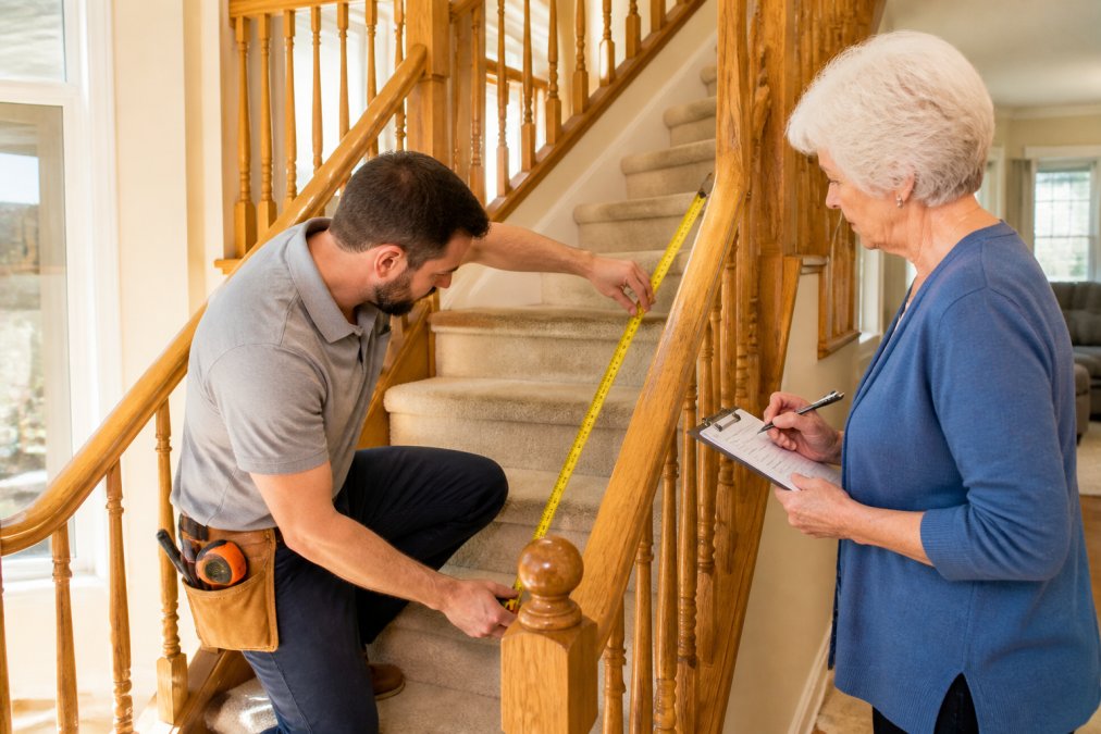 Certified technician in uniform measuring and assessing a residential staircase while an older homeowner observes, taking notes with clipboard in a bright, naturally-lit home interior with wooden railings