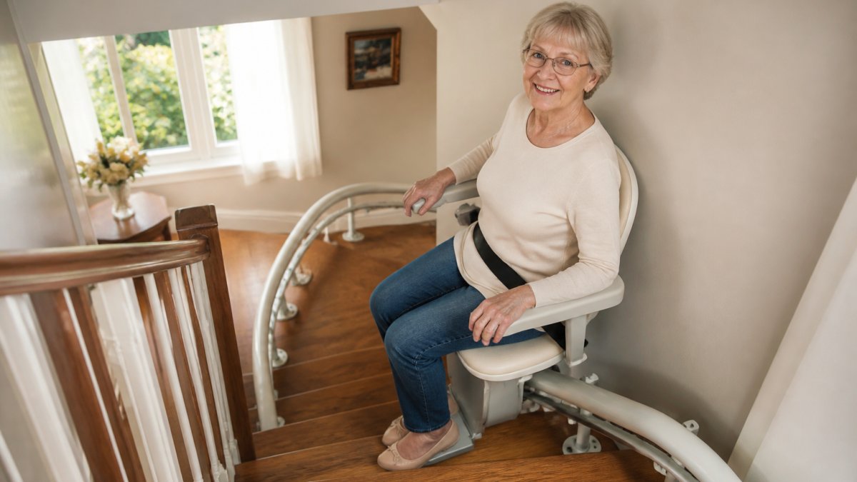 Older adult safely seated on a curved stairlift with padded armrests and safety belt visible, ascending a residential wooden staircase with natural afternoon light
