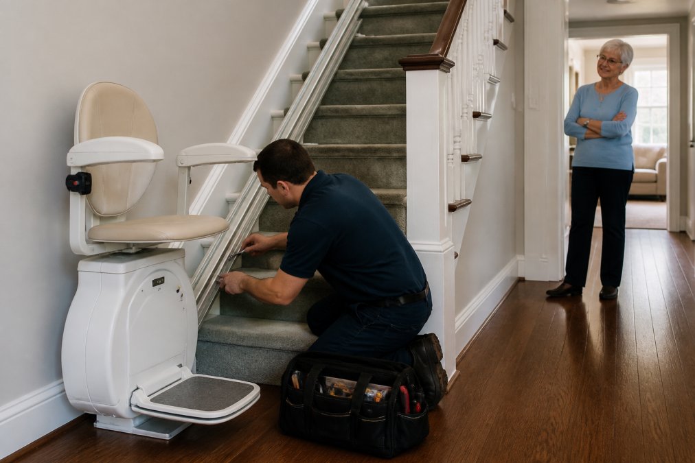 A technician in work clothes carefully installing a stairlift rail on a carpeted staircase in a bright home, with tools nearby and a senior homeowner watching from the hallway