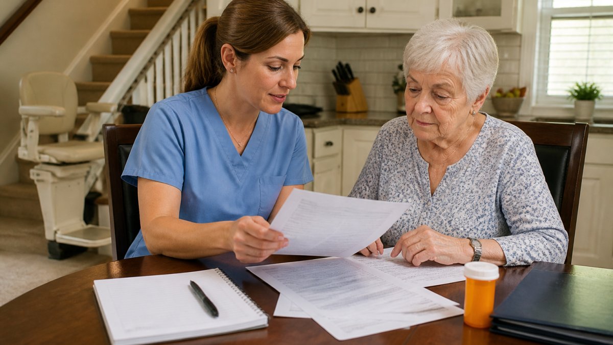 Older adult at home with a healthcare provider reviewing medical documents and prescription paperwork at a kitchen table