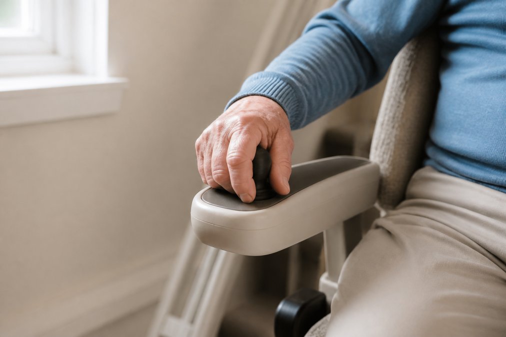 Close-up of a senior's hand with visible joint swelling resting comfortably on a padded stairlift armrest, fingers loosely curled around a joystick control, warm natural light from a nearby window illuminating the chair